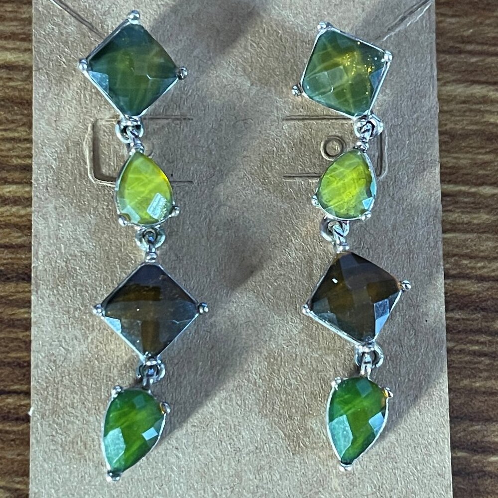 Vintage Multi-Greens Sqaure & Tear Drop Dangle Earrings
